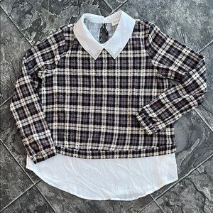⭐️NWOT FAITH & JOY Plaid Top Built-in Under-Blouse Jewelled Collar Preppy Office